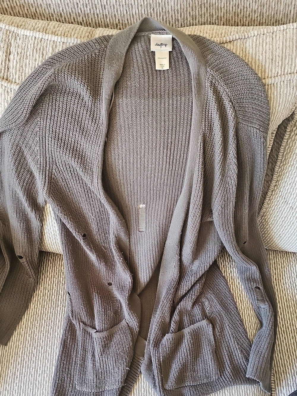 Autograph Gray Distressed Open-Front Knit Cardigan with Pockets